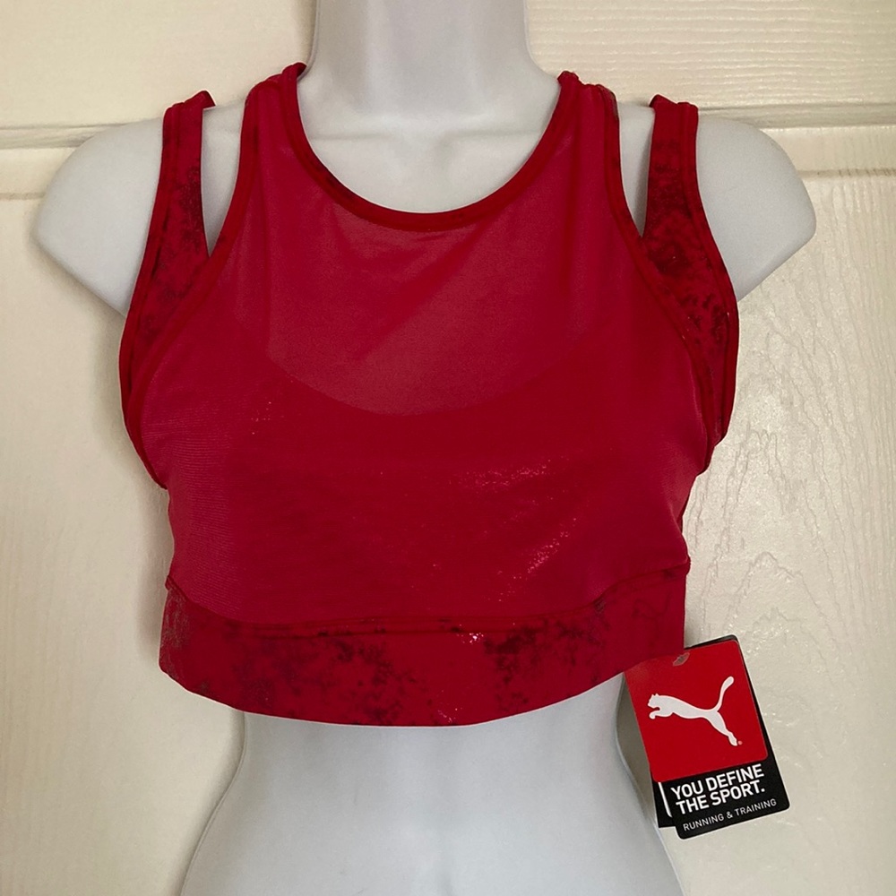 PUMA Fashion Luxe ELLAVATE Athletic Bra Persian Rouge Matte Foil Print Med NWT -